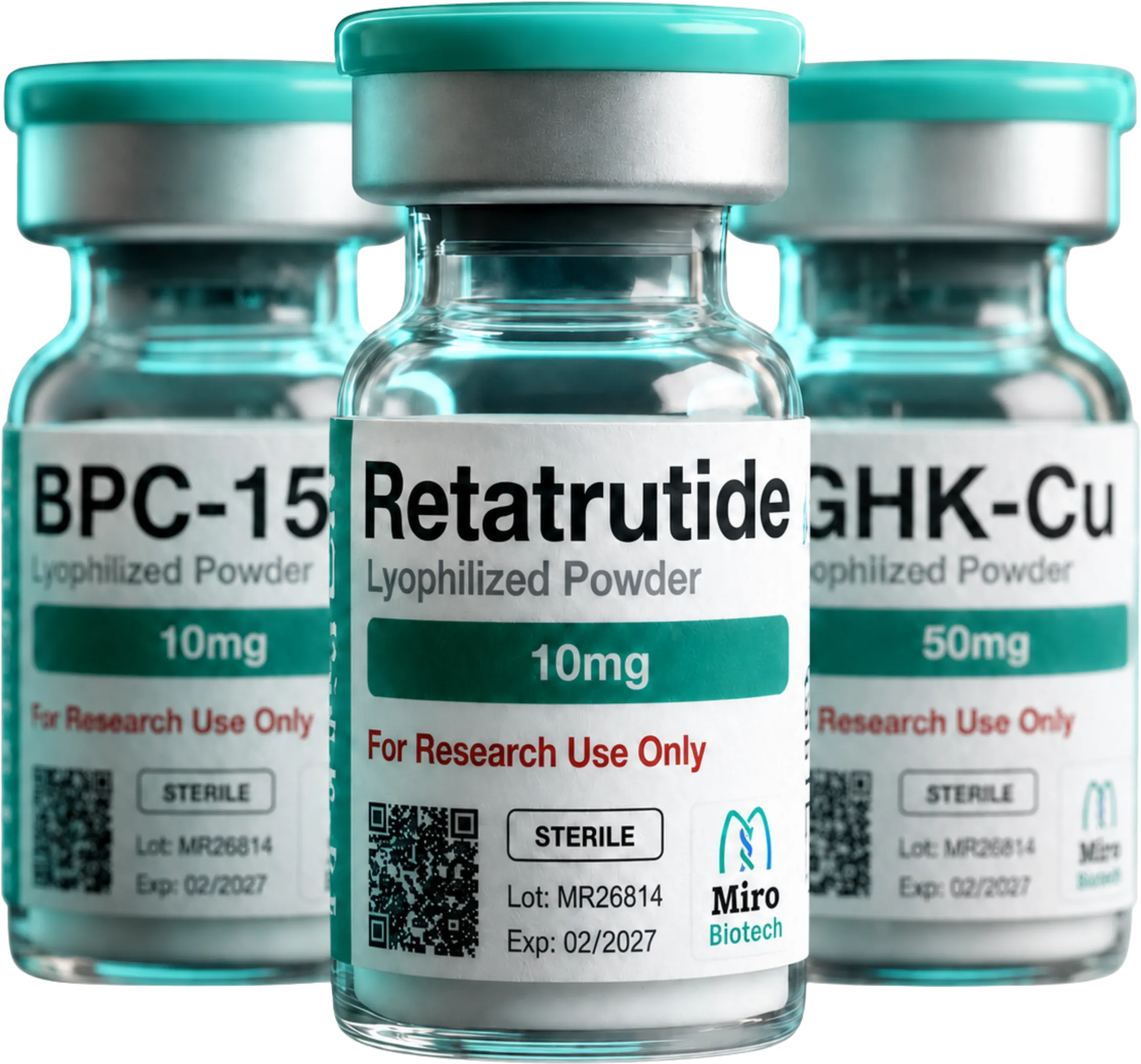 Miro Biotech research peptide vials: Retatrutide, BPC-157, and GHK-Cu